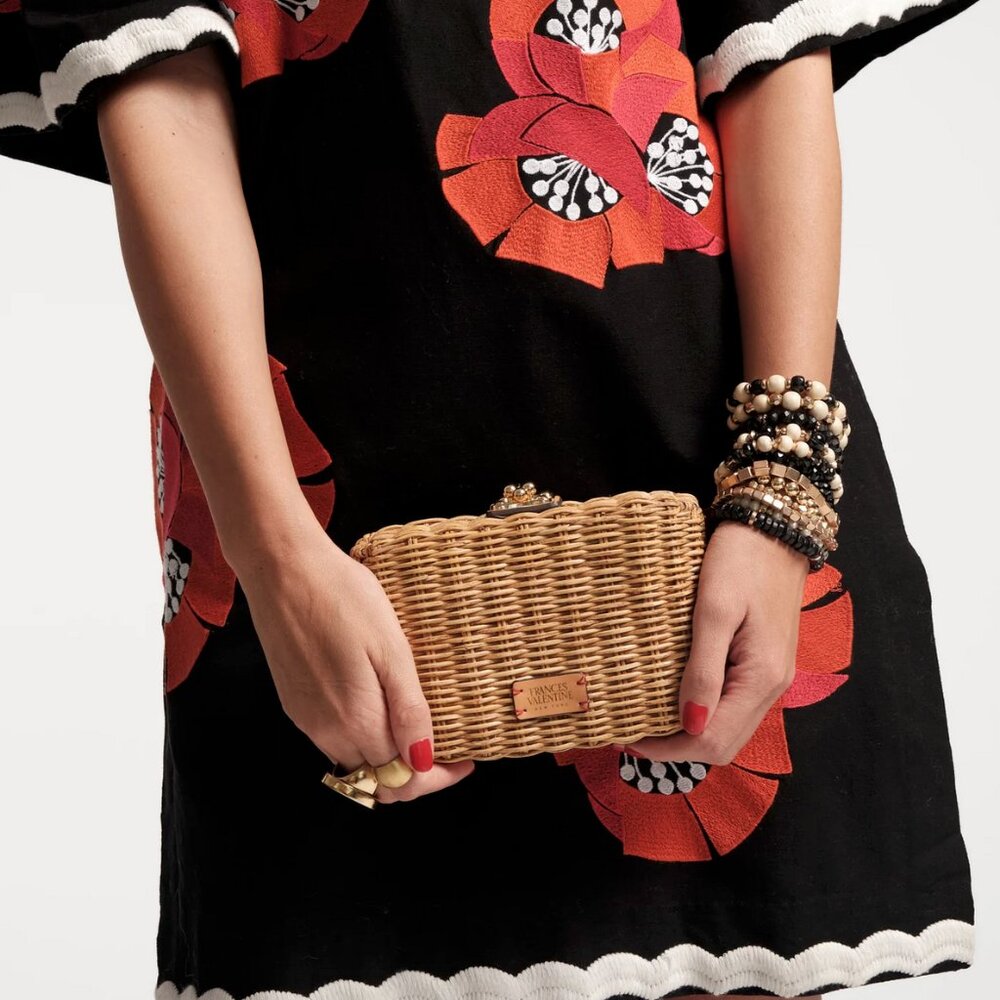 NWT Frances Valentine Paige Box Rattan Wicker Clutch